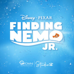 Finding Nemo Jr Logo in white with blue water background. Uptown Studios logo at bottom