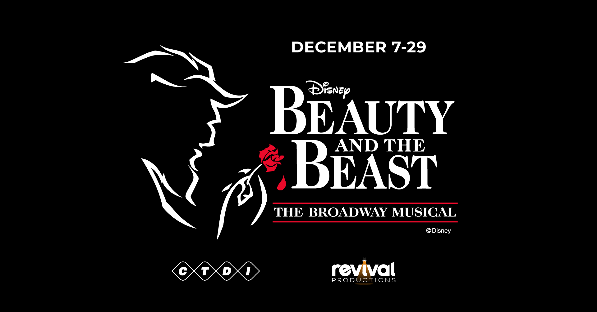 Beauty and the Beast logo text in white with a white outlined silhouette of the Beast holding a red rose.