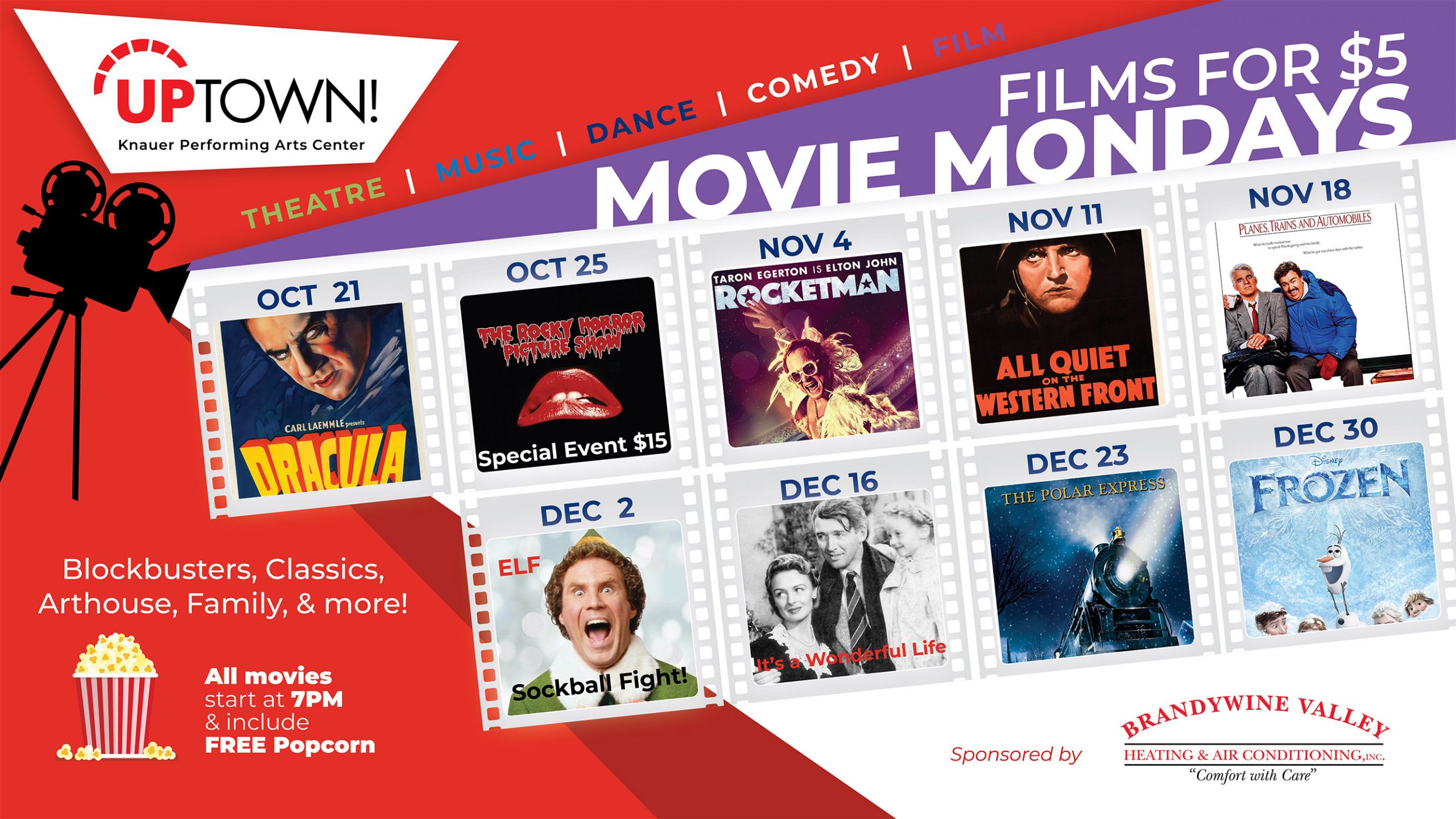 Uptown Movie Mondays, Films for $5, thumbnails of the next 9 Monday movies being shown at Uptown.