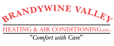 Brandywine Valley Heating and Air Conditioning logo. Logo type in sans serif, upppercase red font. Brandywine Valley is arched over the top with the rest below and between two black horizontal lines. Below logo reads Comfort with Care