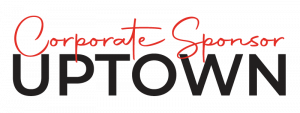 Uptown Corporate Sponosor Logo. Corporate Sponsor in red script font directly above UPTOWN in black sans serif