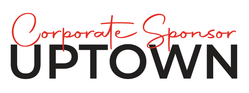 Uptown Corporate Sponosor Logo. Corporate Sponsor in red script font directly above UPTOWN in black sans serif