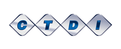 CTDI logo. Letters in bold sans serif italic text with a dark to light blue gradient. Each letter is on a separate gray box background.