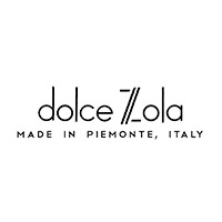 dolce Zola logo in black font. Z is designed using two vertical forward slash lines. Tagline reads Made in Piemonte, Italy