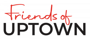 Friends of Uptown logo. Friends of in red script font directly on top of UPTOWN in sans serif black font.