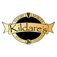 Kildares logo in black text on inside gold crest sash. Food Spirits West Chester in crest circle behind sash