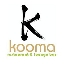 Kooma logo. Large black K logo mark in Japanese calligraphy lettering style above kooma in modern gold sans serif font with restaurant & lounge bar lettering in green below kooma