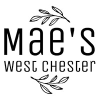 mae's west chester logo black text with an olive branch above and below the logo text creating a circle