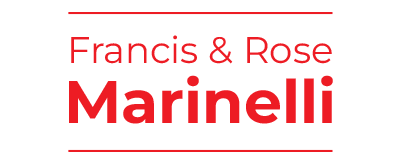 Francis and Rose Marinelli sans serif font in red. Horizontal lines above and below the text, also red.