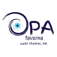 Opa taverna west chester, pa logo in dark blue whimsical font. The o in opa looks like a whirlpool.