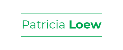 Patricia Loew sans serif font in green. Horizontal lines above and below the text, also green.