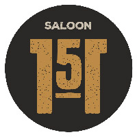 Saloon 151 logo in dark brown circle. Saloon at top in small letters and light color just above 151 in yellow brown color. the 5 is smaller than the ones with an underline below the number.