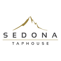 Sedona Taphouse in modern sans serif font. Sedona is larger with a gold line below. Taphouse is smaller and below the gold line. Above the text is a gold outline of a mountain peak.