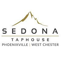 Sedona Taphouse in modern sans serif font. Sedona is larger with a gold line below. Taphouse is smaller and below the gold line. Below the logo reads Phoenixville slash West Chester