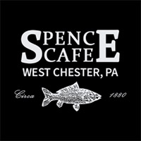 Spence Cafe logo in white on black background. The S and E are large and contain both words. Below the text reads West Chester, PA. Below that, the logo mark is a fish with the words Circa 1880.