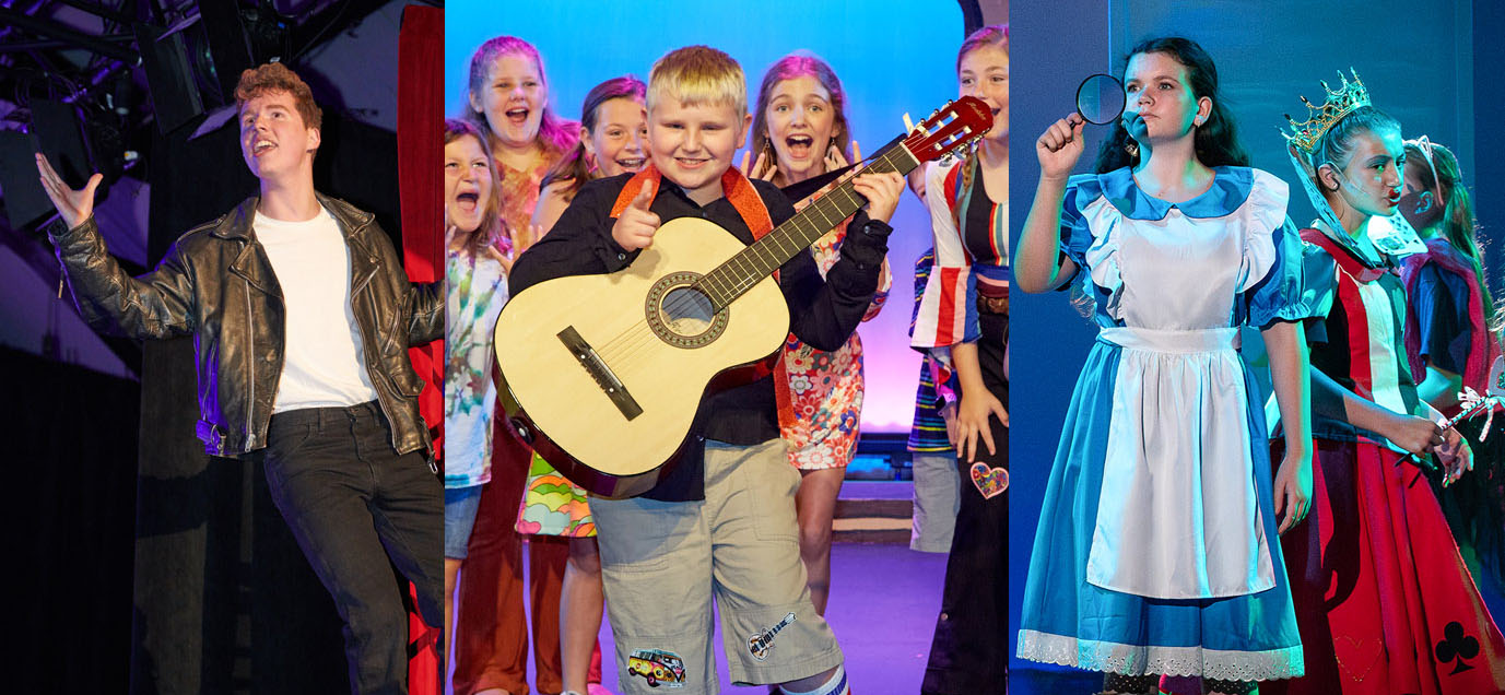 images of three uptown studio summer camp shows. On left, male actor in 50s leather jacket, white tshirt, black pants, sings to audience. In middle, actor holds guitar, smiling and pointing at camera with 5 screaming female fans in the background. On left, Alice in Wonderland, Alice in blue and white dress looks through a magnifying glass with the Queen of Hearts walking behind her.